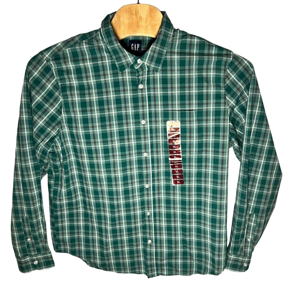 GAP Button Down Shirt Mens XL Green Plaid Long Sleeve Poplin Stretch New - Picture 2 of 9